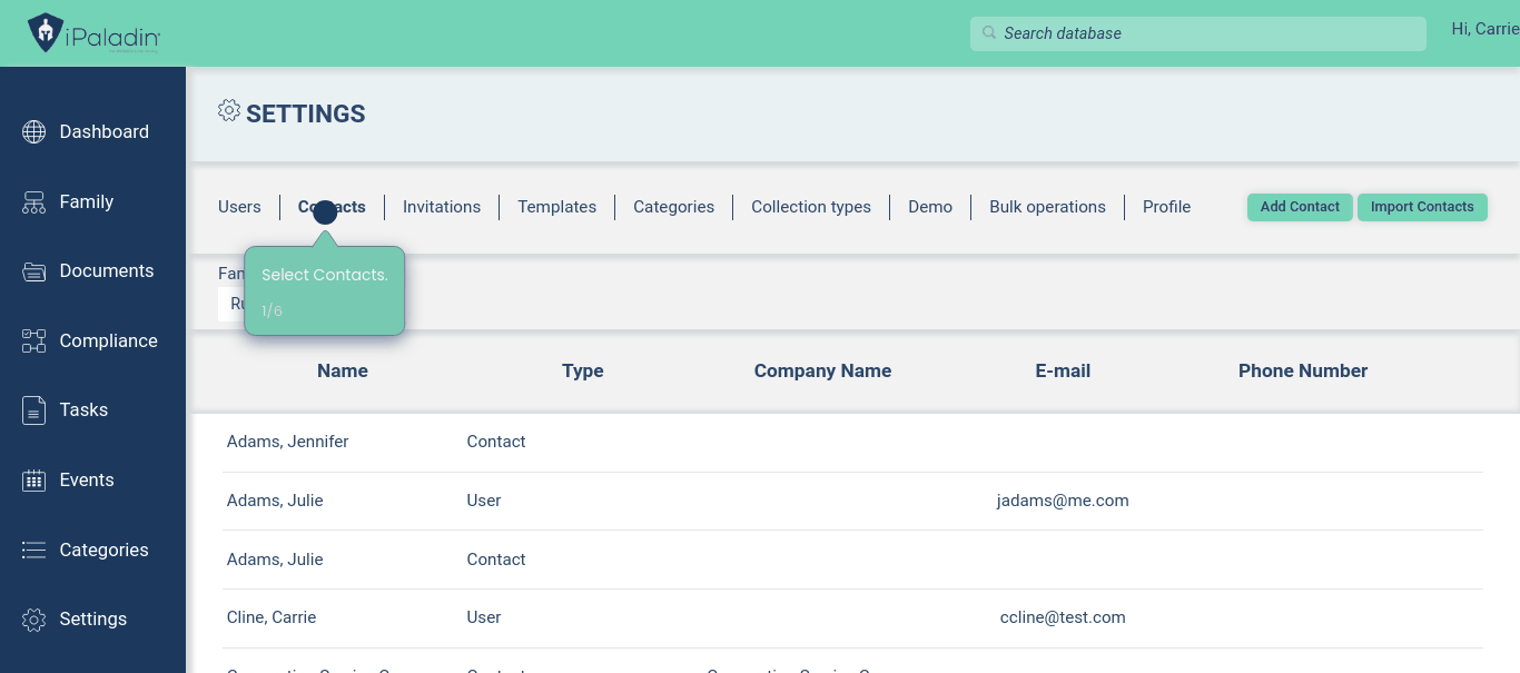 Corporate Trustee Contacts in Settings