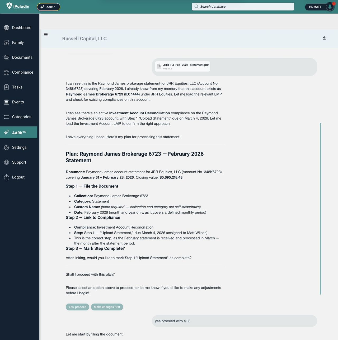 AARK recognising an uploaded brokerage statement and proposing a three-step plan.