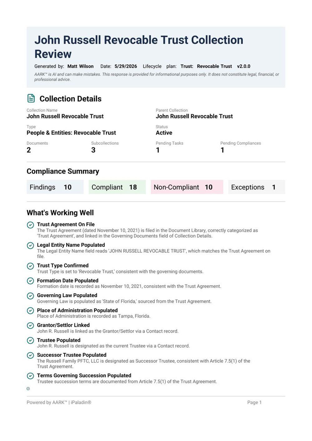 Page one of the generated Collection Review report.